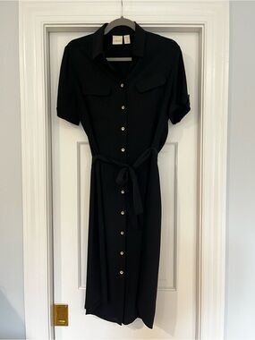 Chico's Black Button-Front Midi Shirt Dress with Tie Waist